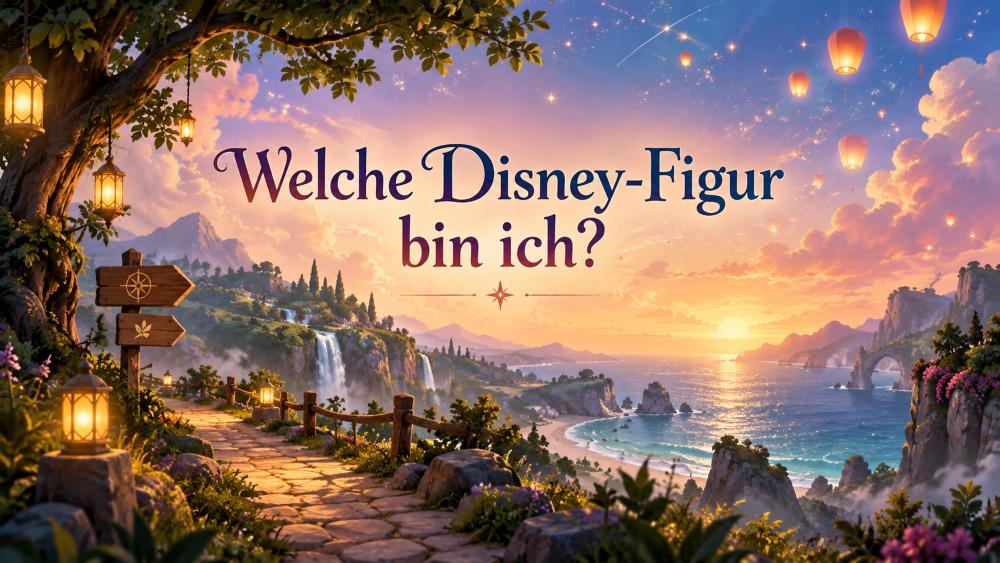 Ein märchenhafter Strand in Disney-Optik mit der Schrift "Welche Disney-Figur bin ich?"