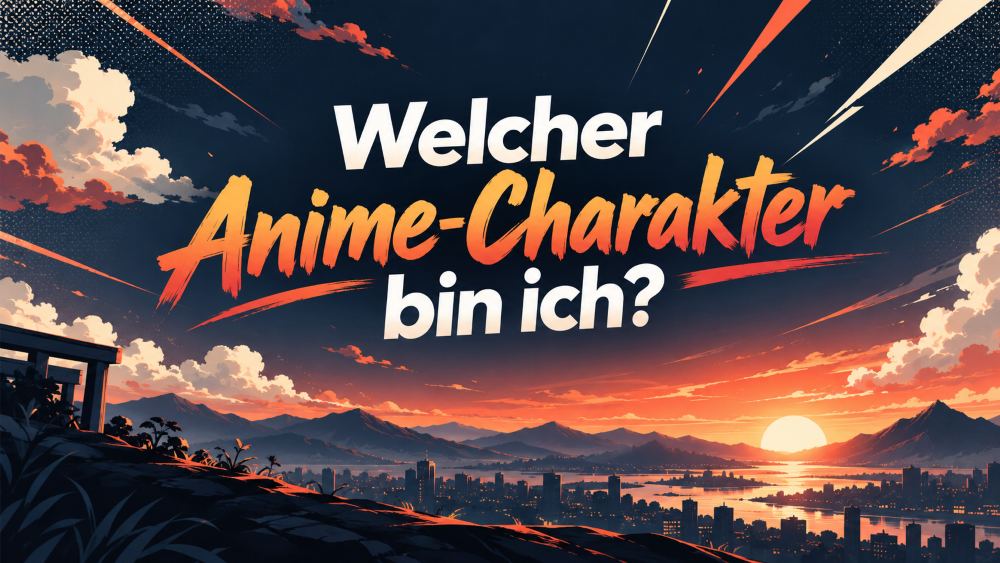 Anime-Landschaft mit Sonnenuntergang und der Schrift "Welcher Anime-Charakter bin ich?"