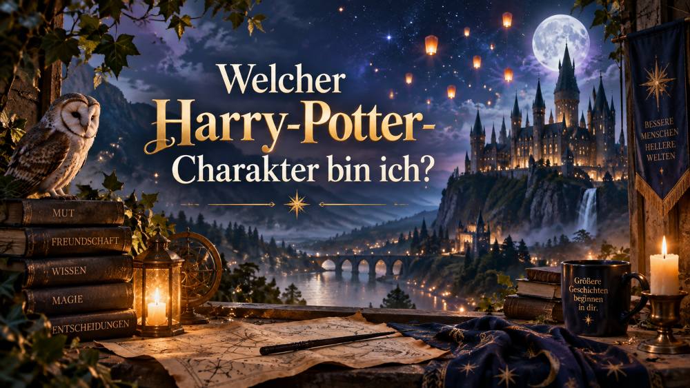 Fantasyhafte nächtliche Zauberwelt mit Schloss, Eule, Büchern, Kerzen und schwebenden Lichtern; darüber der Text ‚Welcher Harry-Potter-Charakter bin ich?