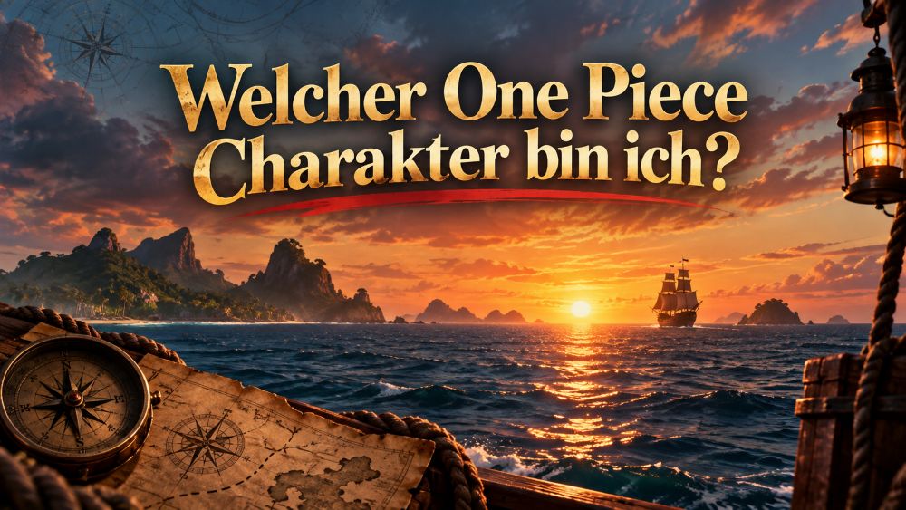 Titelbild zum Test ‚Welcher One-Piece-Charakter bin ich?‘ mit weiter Meereslandschaft bei Sonnenuntergang, Segelschiff am Horizont, tropischen Inseln, Kompass und alter Seekarte.