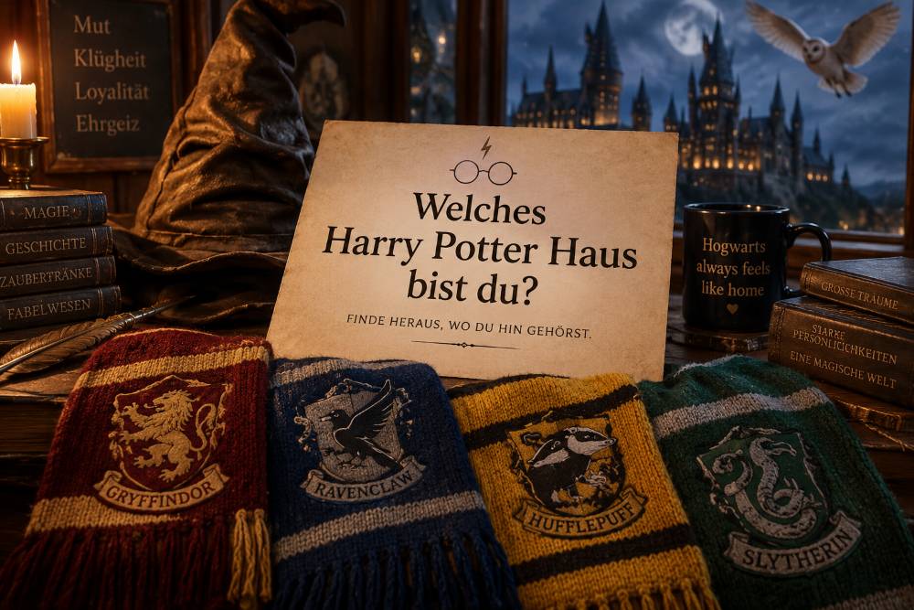 Titelbild zum Test ‚Welches Harry-Potter-Haus bin ich?‘ mit magischer Bibliotheksatmosphäre, Kerzenlicht, alten Büchern, Pergament und farbigen Stoffen für die vier Hogwarts-Häuser.