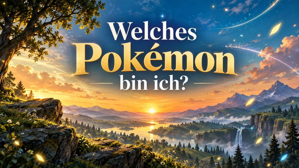 Titelbild zum Test ‚Welches Pokémon bin ich?‘ vor einer weitläufigen Fantasy-Landschaft mit Bergen, See, Wasserfall und leuchtendem Abendhimmel.